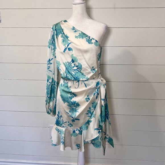 Gianni Bini Dresses & Skirts - Gianni Bini Cream and Blue Satin Floral Wrap Dress Size 10